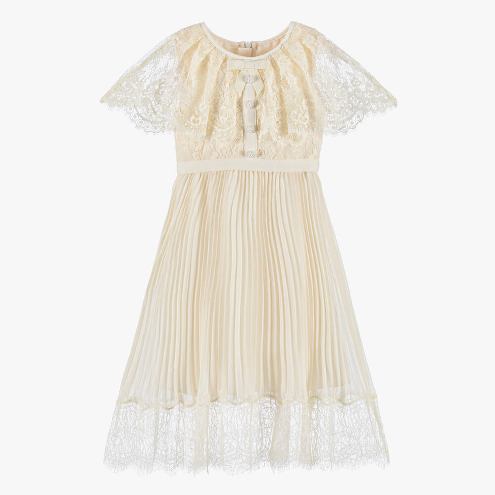 Self-Portrait-Girls Long Cream Pleated Chiffon Dress | Childrensalon Outlet