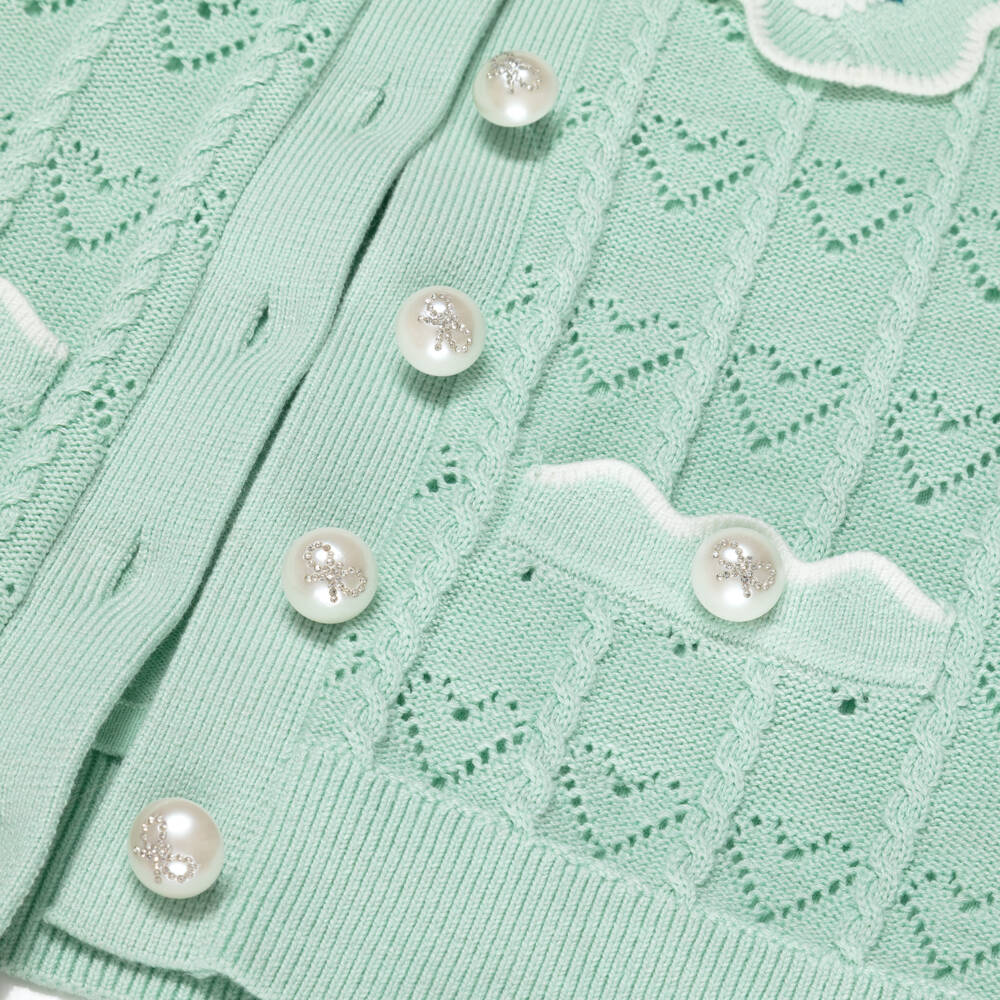 Self-Portrait-Girls Mint Green Heart Pointelle Knit Cardigan | Childrensalon Outlet