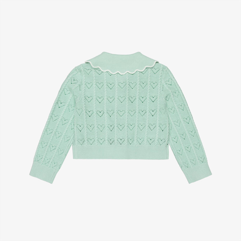 Self-Portrait-Girls Mint Green Heart Pointelle Knit Cardigan | Childrensalon Outlet
