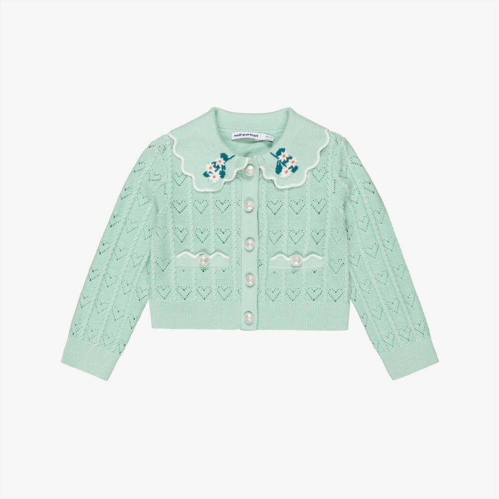 Self-Portrait-Girls Mint Green Heart Pointelle Knit Cardigan | Childrensalon Outlet