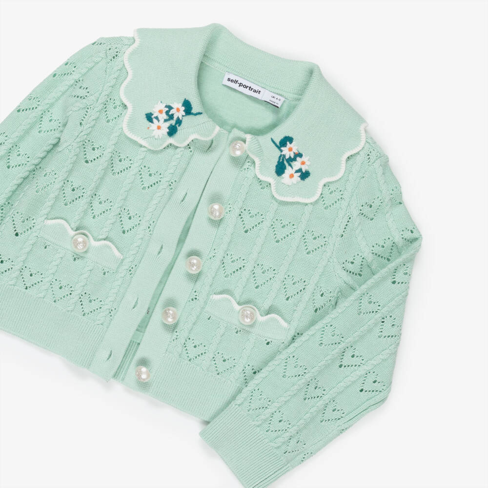 Self-Portrait-Girls Mint Green Heart Pointelle Knit Cardigan | Childrensalon Outlet