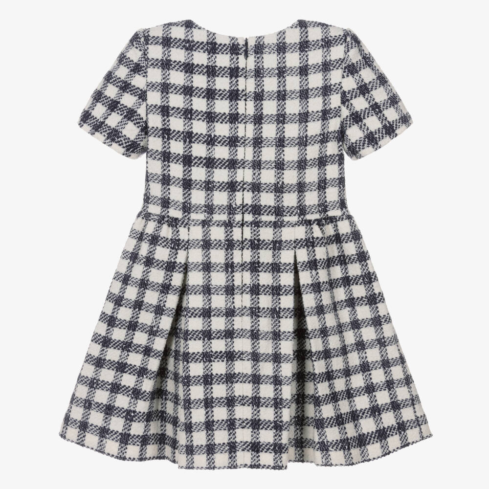 Self-Portrait-Girls Navy Blue & Ivory Bouclé Check Dress with Bows | Childrensalon Outlet