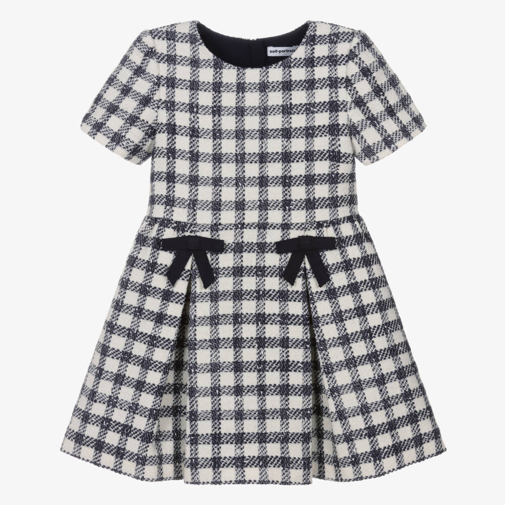 Self-Portrait-Girls Navy Blue & Ivory Bouclé Check Dress with Bows | Childrensalon Outlet