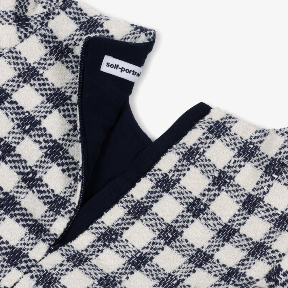 Self-Portrait-Girls Navy Blue & Ivory Bouclé Check Dress with Bows | Childrensalon Outlet