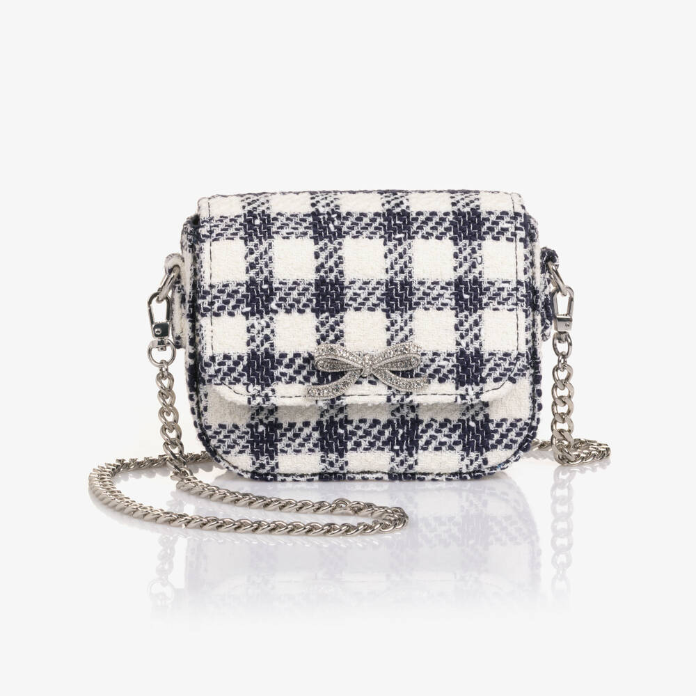 Self-Portrait-Girls Navy Blue & Ivory Check Bouclé Handbag | Childrensalon Outlet