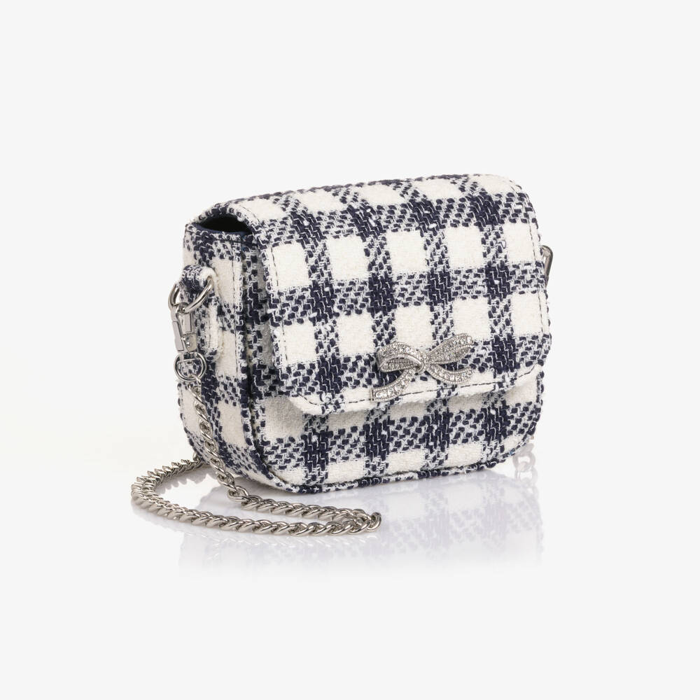 Self-Portrait-Girls Navy Blue & Ivory Check Bouclé Handbag | Childrensalon Outlet