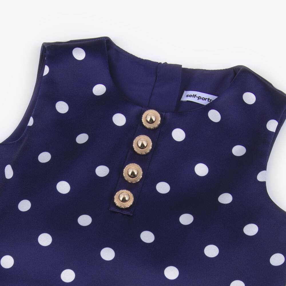 Self-Portrait-Girls Navy Blue Satin Polka Dot Dress | Childrensalon Outlet