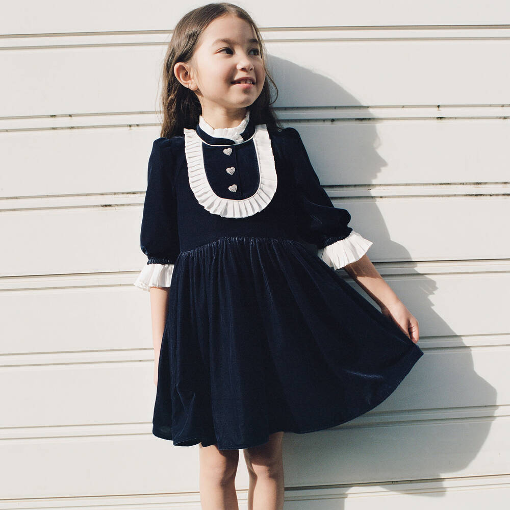 SELF PORTRAIT Girls Navy Blue Velvet Dress