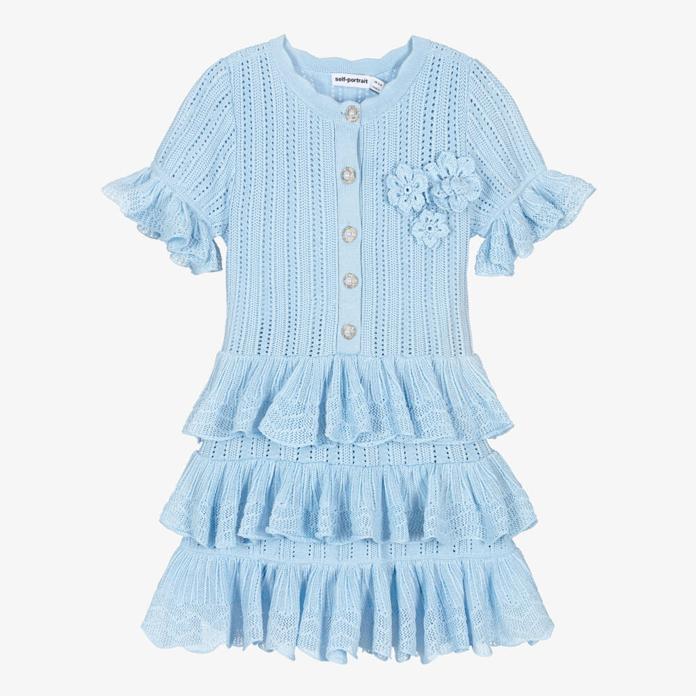 Self-Portrait-Girls Pale Blue Pointelle Knitted Dress | Childrensalon Outlet