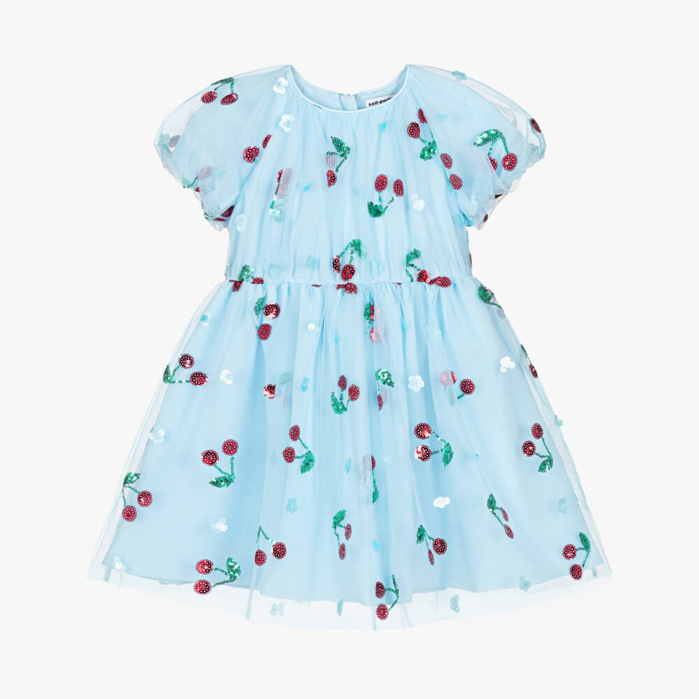 Self-Portrait-Girls Pale Blue Sequin Cherry Tulle Dress | Childrensalon Outlet