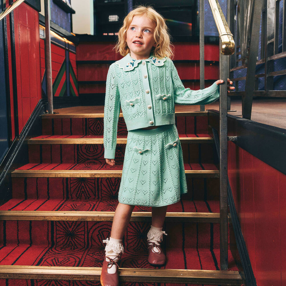 Self-Portrait-Girls Pale Green Knit Heart Skirt with Bow Buttons | Childrensalon Outlet