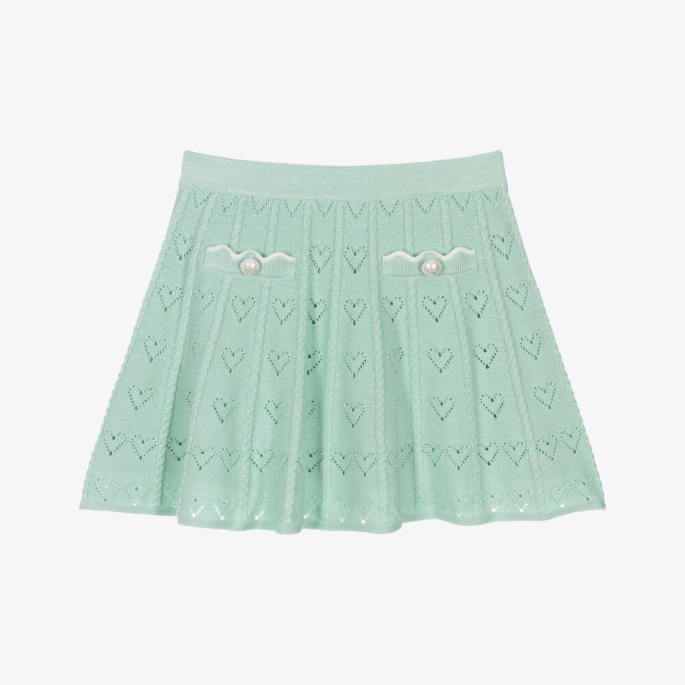 Self-Portrait-Girls Pale Green Knit Heart Skirt with Bow Buttons | Childrensalon Outlet