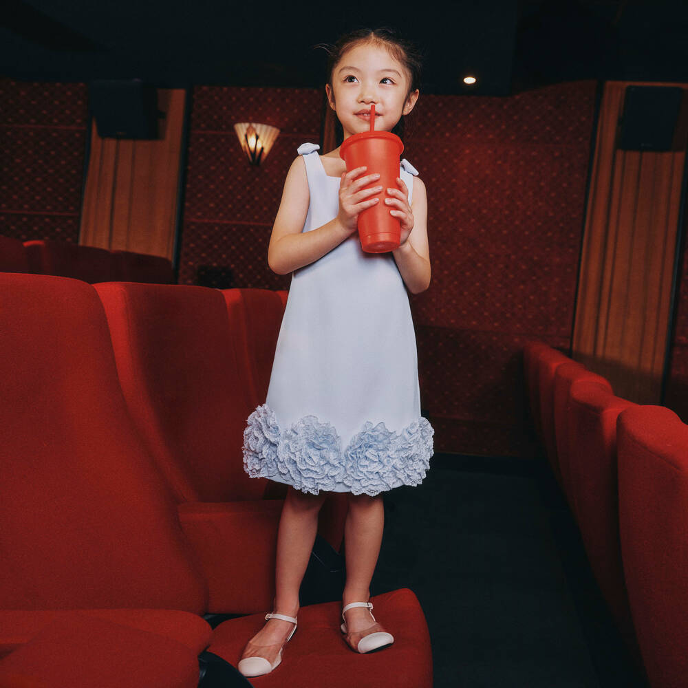 Self-Portrait-Girls Pastel Blue Crêpe Dress with Floral Lace Hem | Childrensalon Outlet