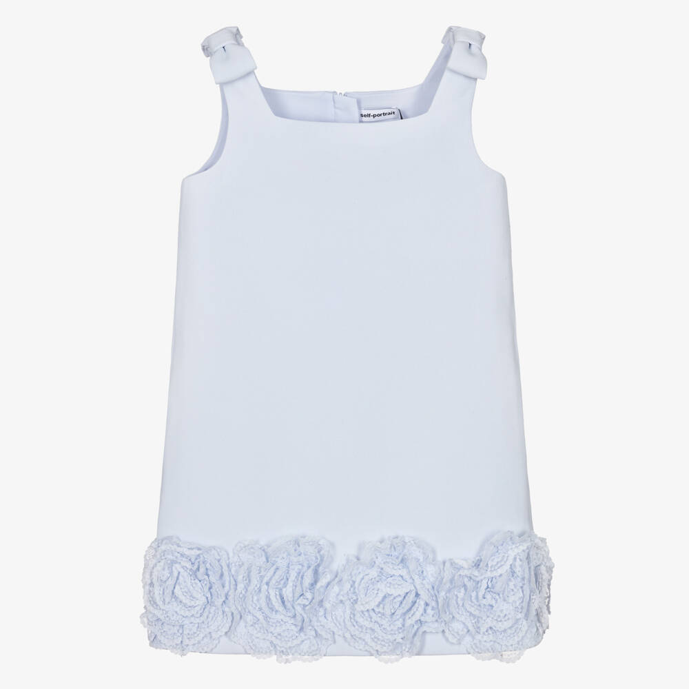 Self-Portrait-Girls Pastel Blue Crêpe Dress with Floral Lace Hem | Childrensalon Outlet
