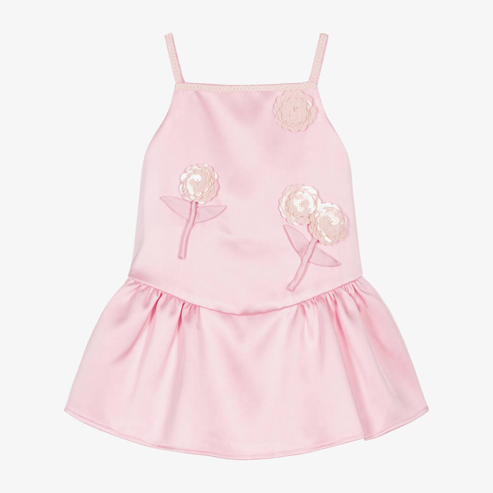 Self-Portrait-Girls Pastel Pink Satin Dress with Sequin Flowers | Childrensalon Outlet