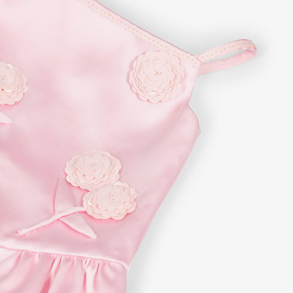 Self-Portrait-Girls Pastel Pink Satin Dress with Sequin Flowers | Childrensalon Outlet
