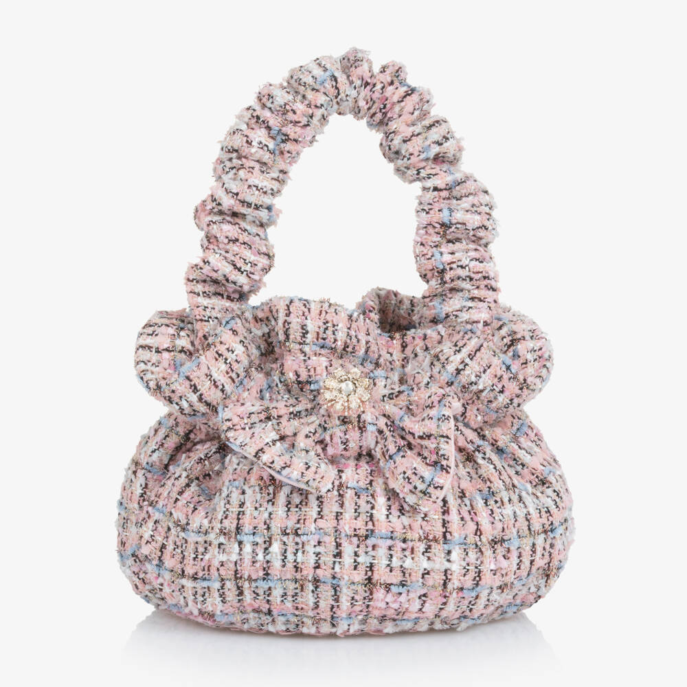 Self-Portrait-Girls Pink & Blue Glittery Tweed Handbag with Bow (18cm) | Childrensalon Outlet