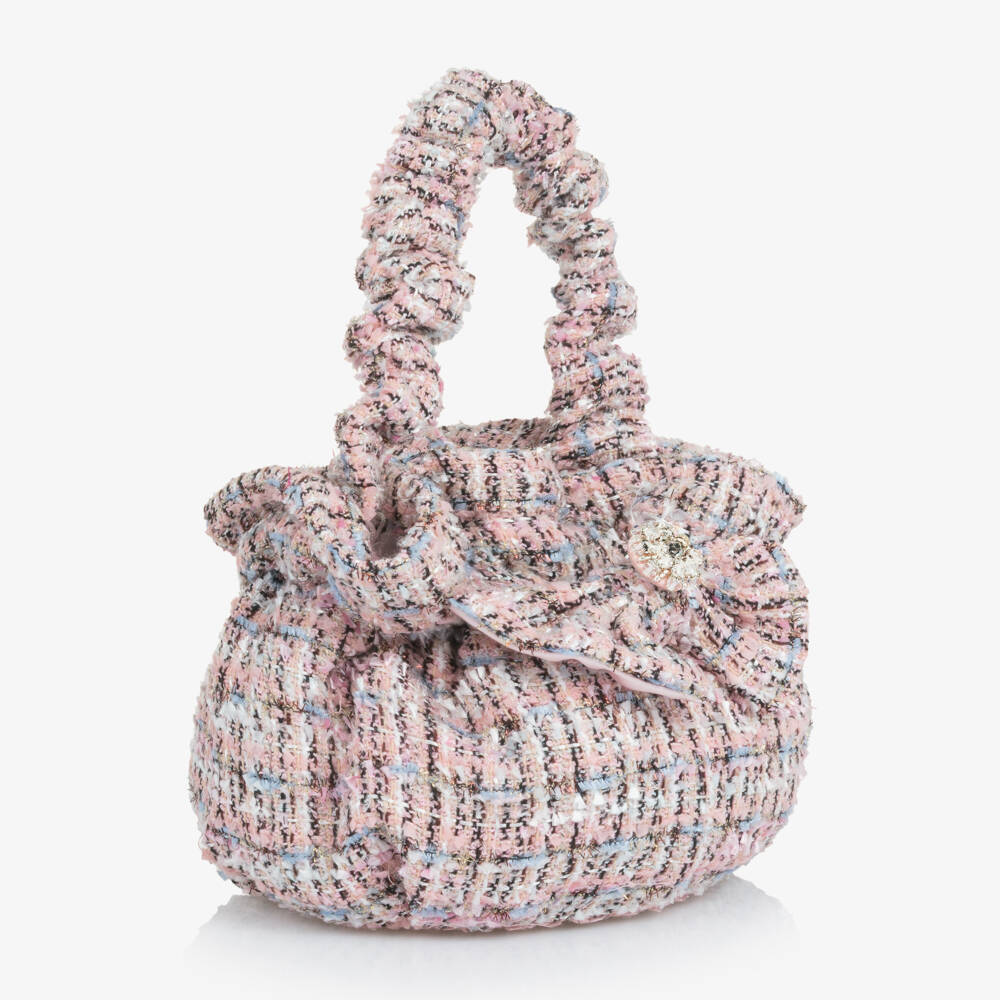 Self-Portrait-Girls Pink & Blue Glittery Tweed Handbag with Bow (18cm) | Childrensalon Outlet