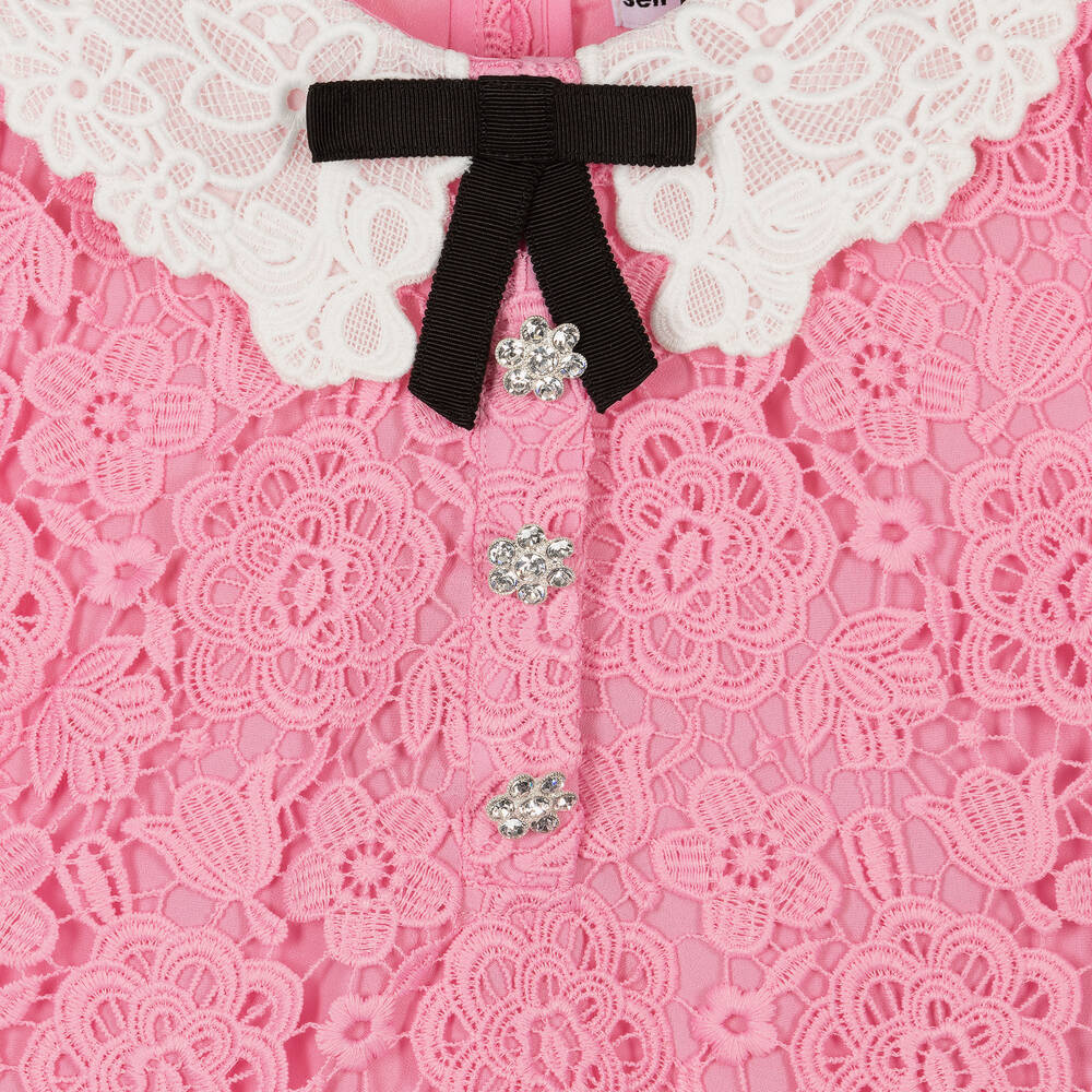 Self-Portrait - Girls Pink Floral Guipure Lace Dress