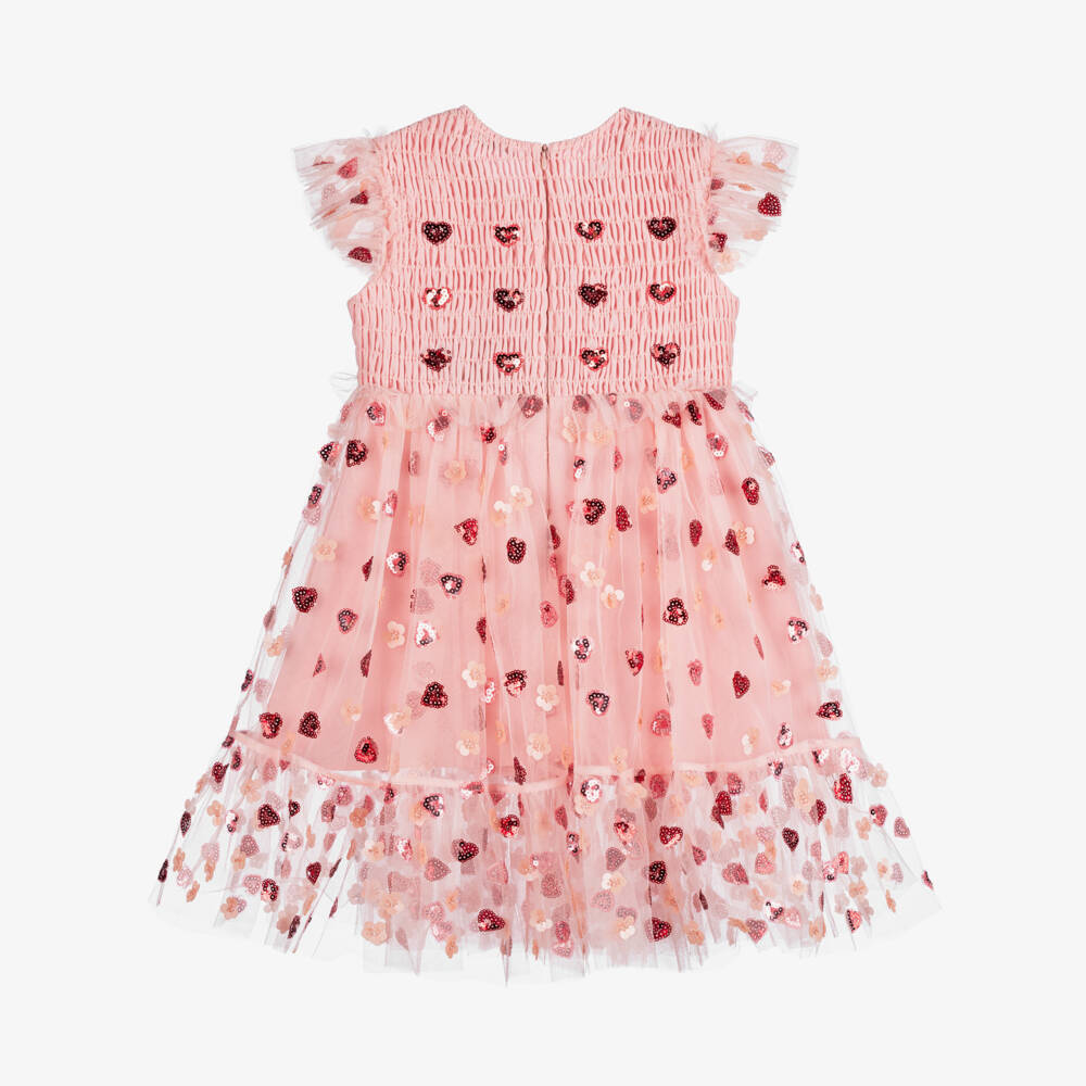 Self-Portrait-Girls Pink Heart Sequinned Tulle Dress | Childrensalon Outlet