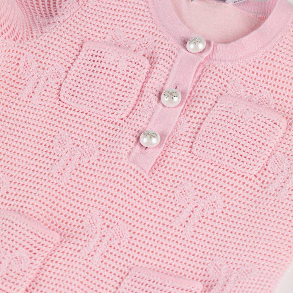 Self-Portrait-Girls Pink Knitted Cotton Bow Dress with Patch Pockets | Childrensalon Outlet