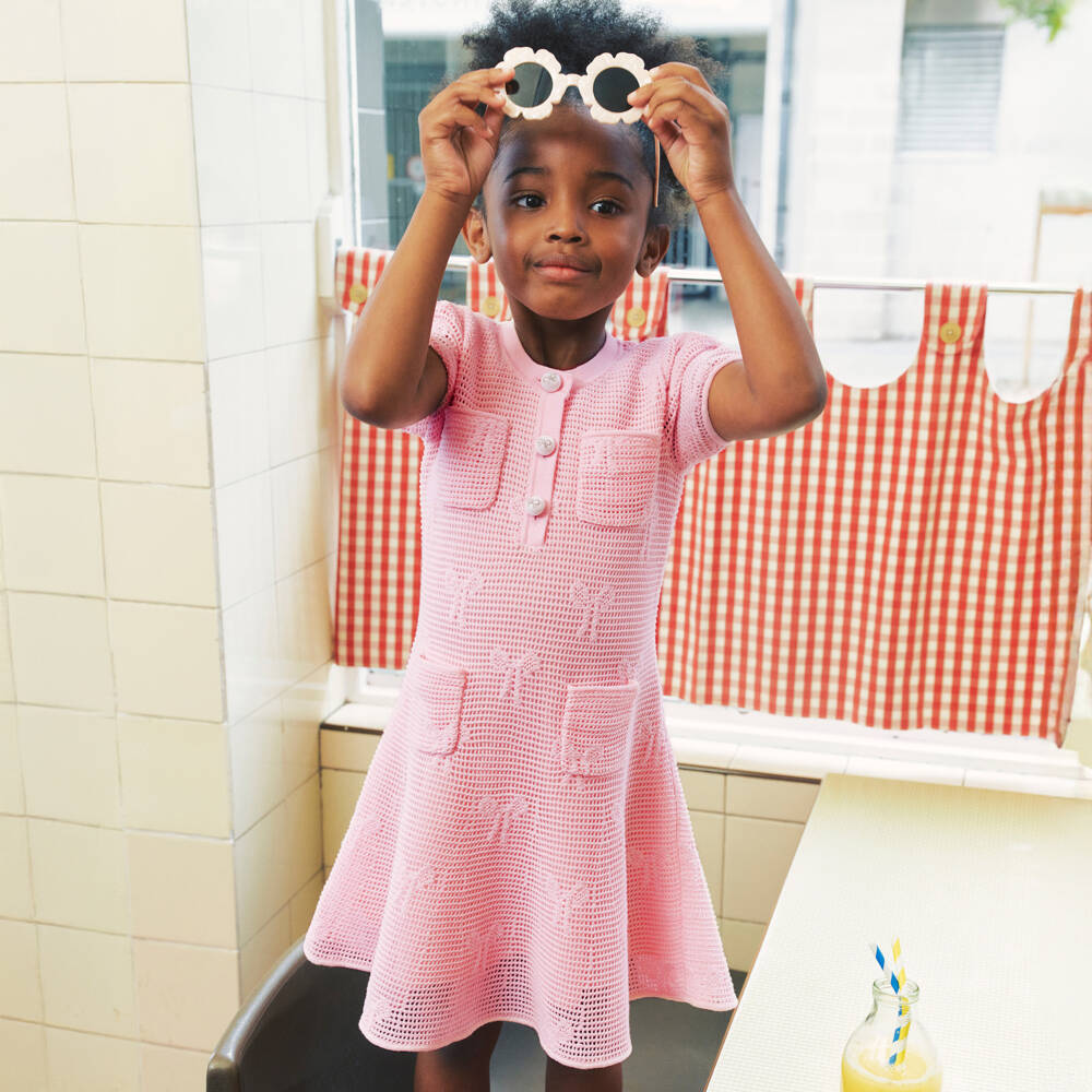 Self-Portrait-Girls Pink Knitted Cotton Bow Dress with Patch Pockets | Childrensalon Outlet