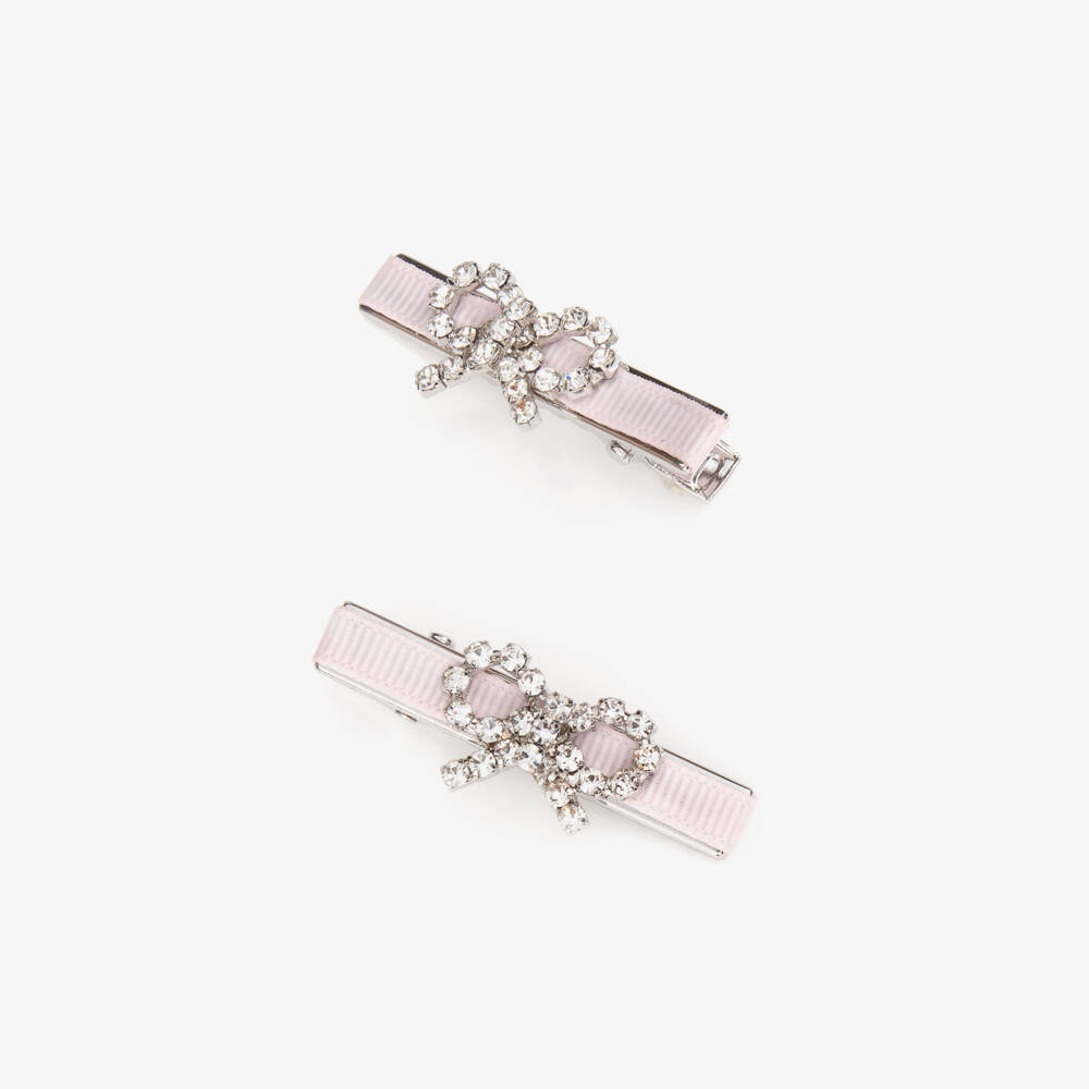 Self-Portrait-Girls Pink Ribbon and Diamanté Bow Hair Clips (4 Pack) | Childrensalon Outlet