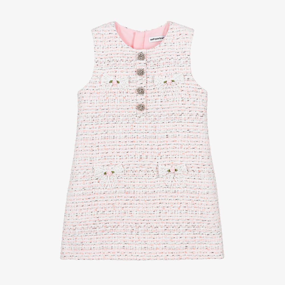 Self-Portrait-Girls Pink Tweed Dress with Diamanté Buttons | Childrensalon Outlet