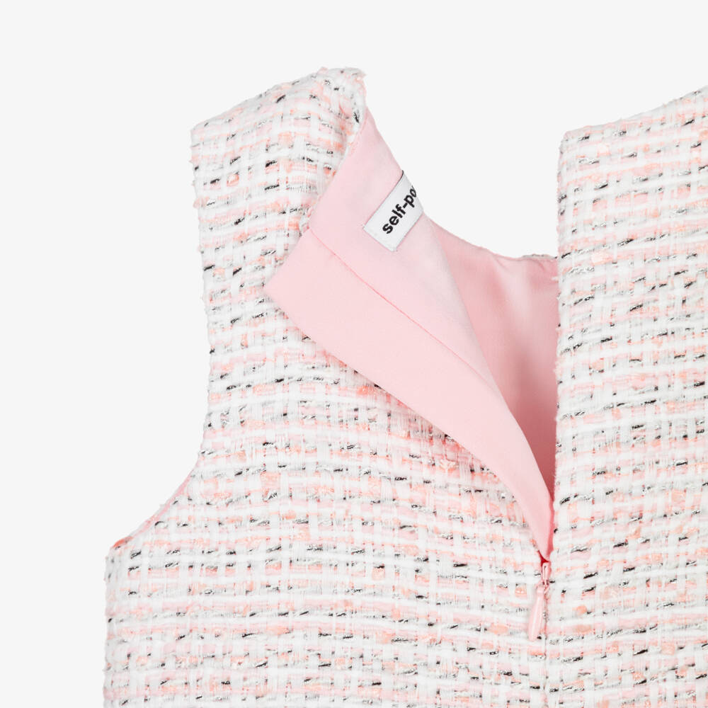 Self-Portrait-Girls Pink Tweed Dress with Diamanté Buttons | Childrensalon Outlet
