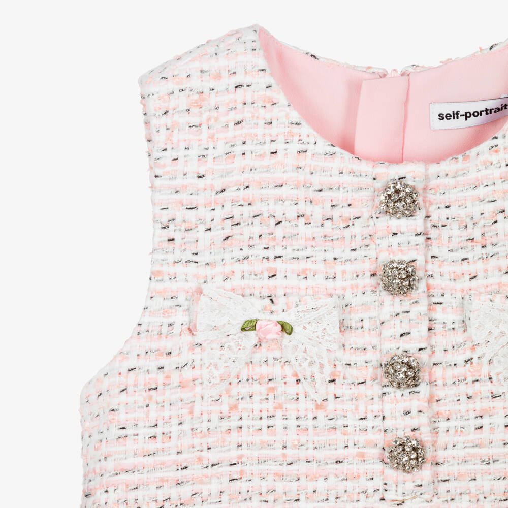 Self-Portrait-Girls Pink Tweed Dress with Diamanté Buttons | Childrensalon Outlet