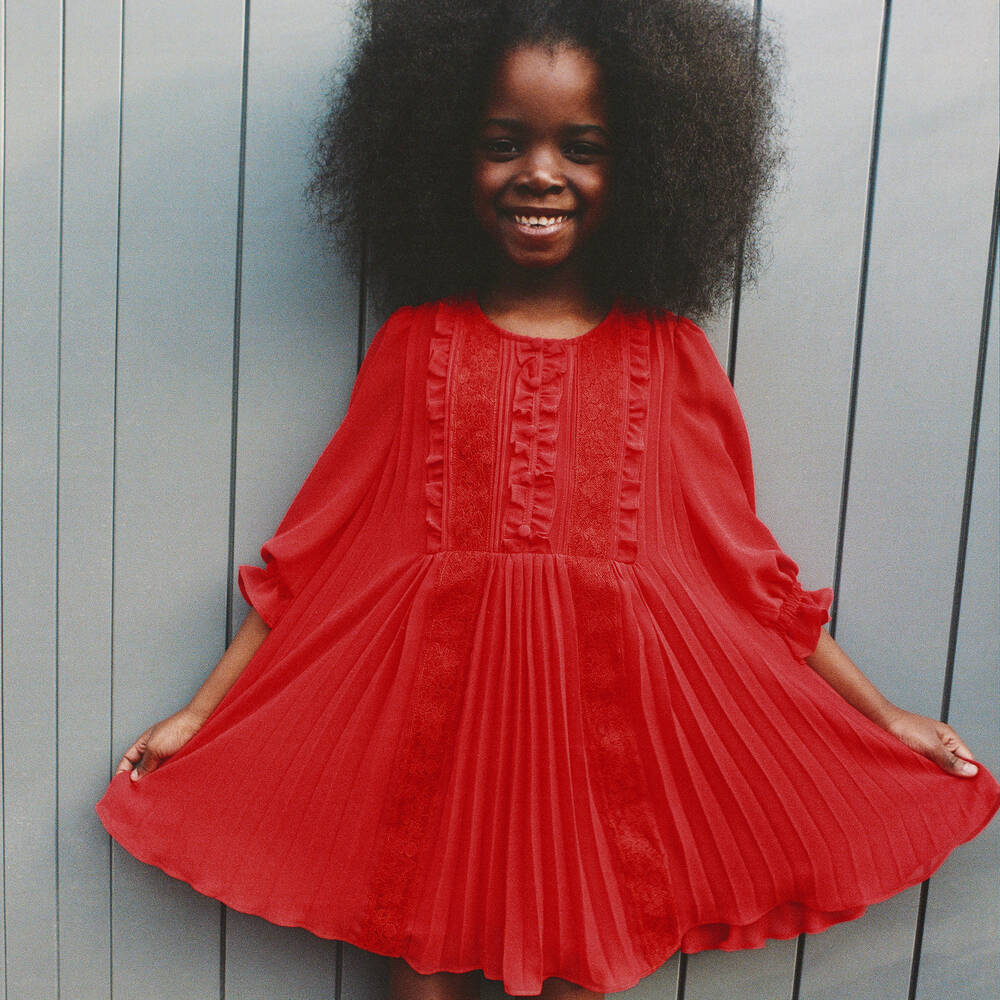 Self-Portrait-فستان شيفون ودانتيل لون أحمر | Childrensalon Outlet