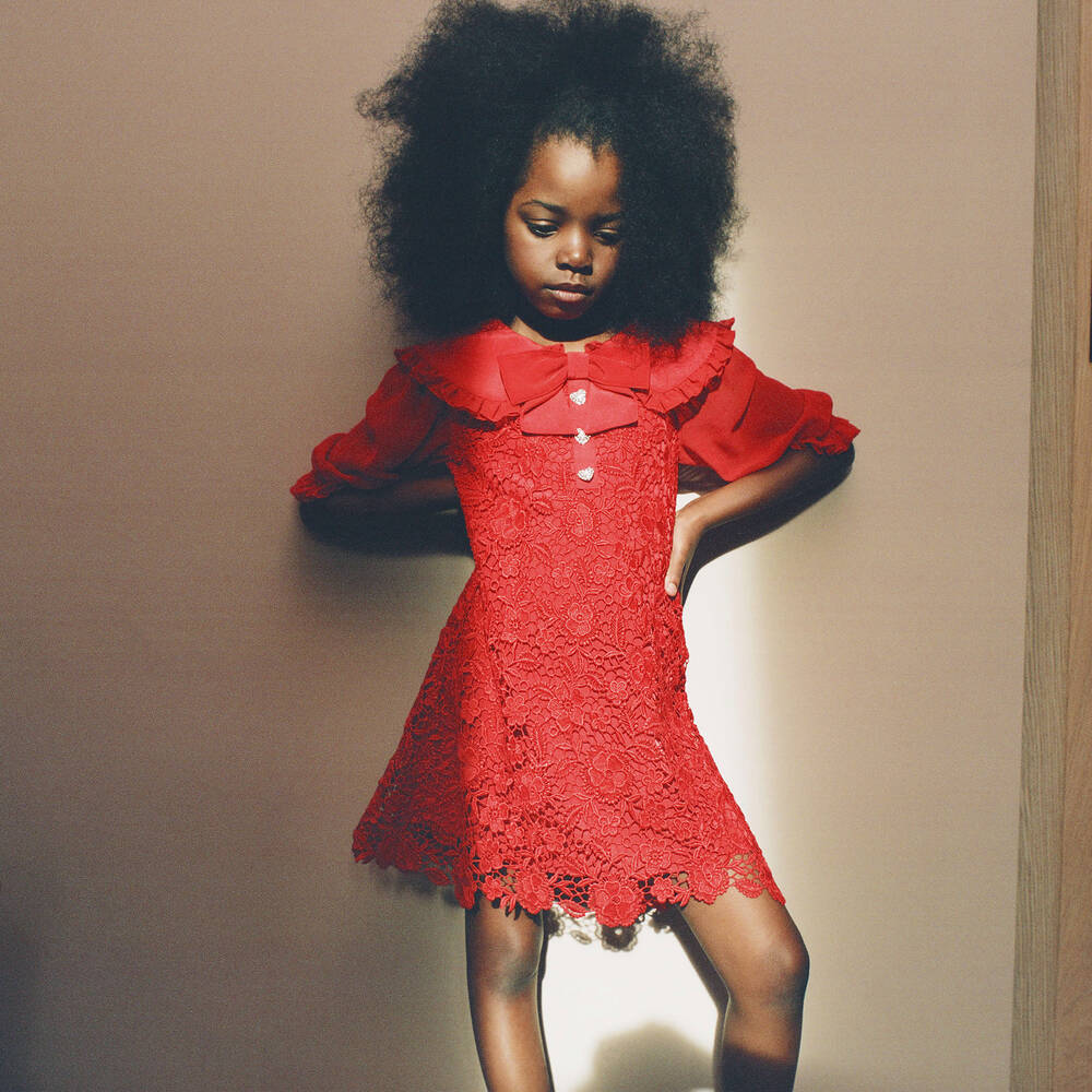 Self Portrait Girls Red Chiffon Lace Dress Childrensalon Outlet