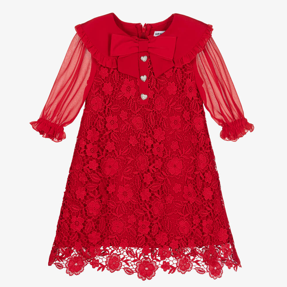 Self-Portrait - Girls Red Chiffon Lace Dress | Childrensalon