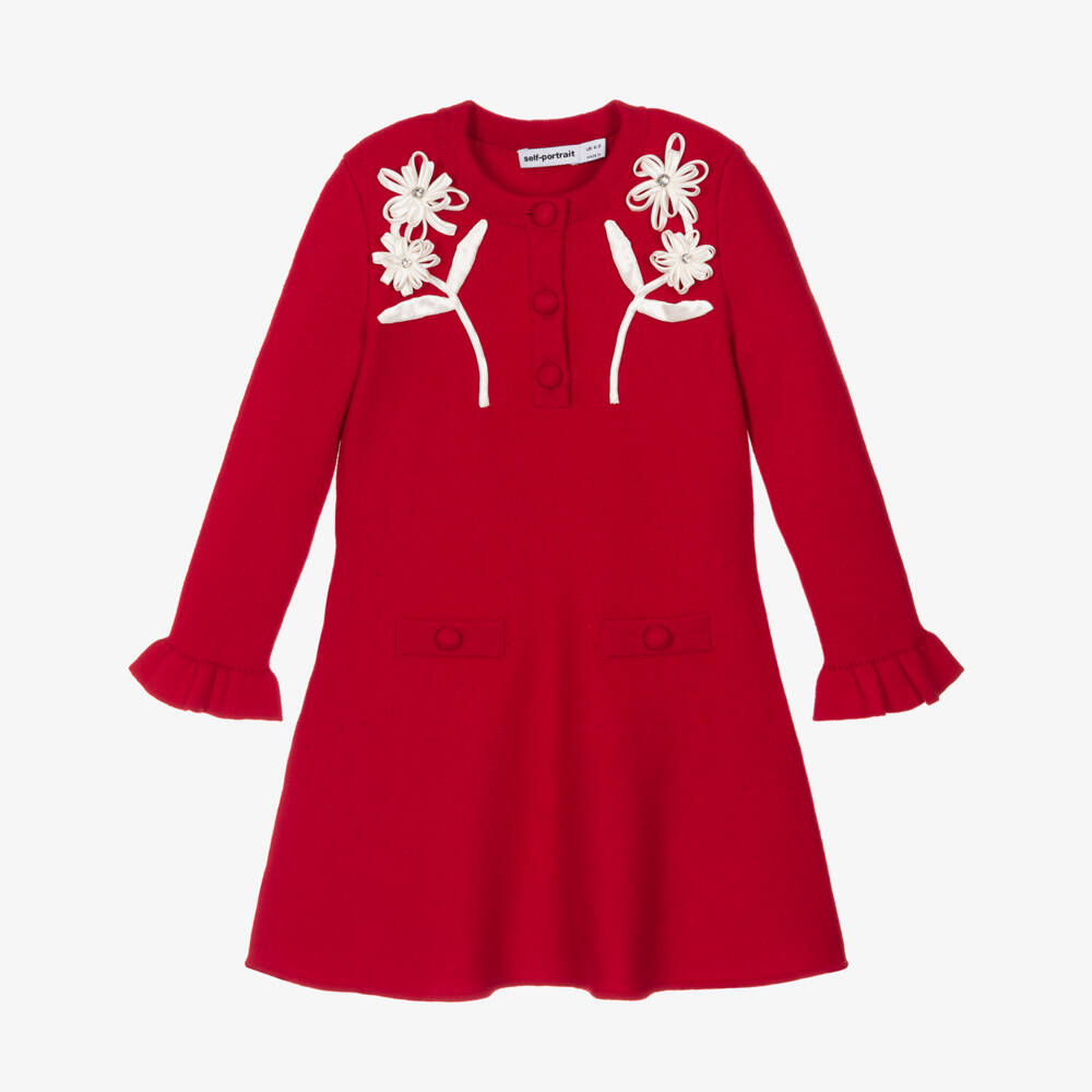 Self-Portrait-Girls Red Knitted Dress with Ivory Satin Flowers | Childrensalon Outlet