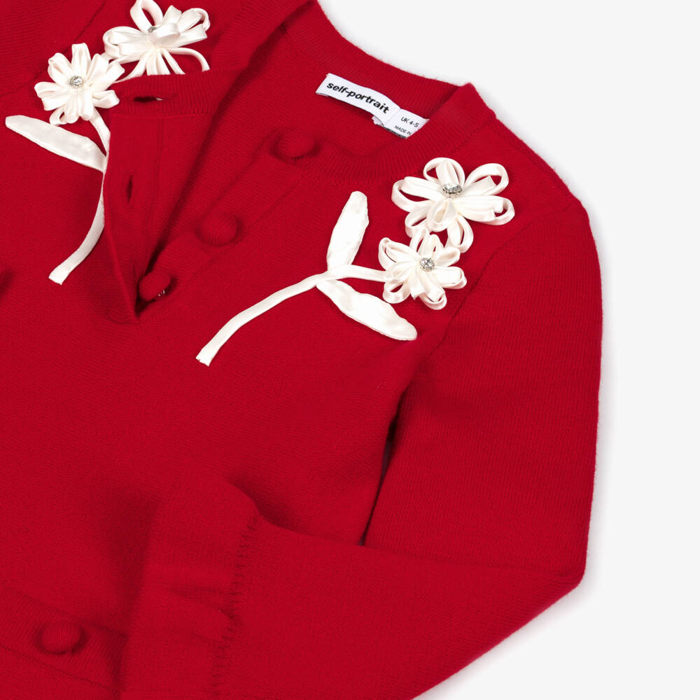 Self-Portrait-Girls Red Knitted Dress with Ivory Satin Flowers | Childrensalon Outlet