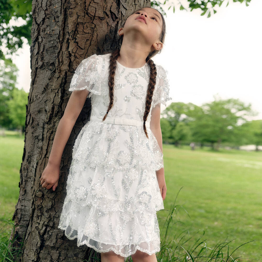 Self-Portrait-Girls Silver-Embellished Tulle Dress | Childrensalon Outlet