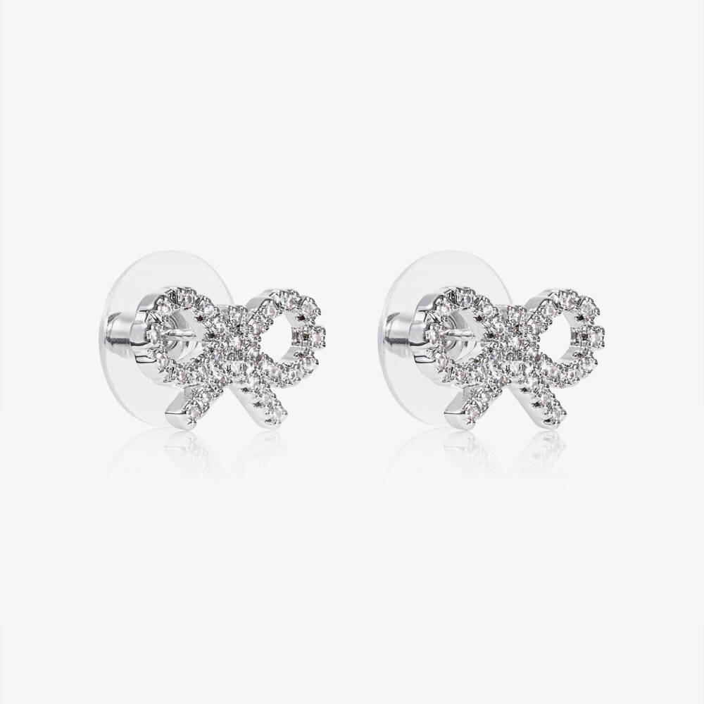 Self-Portrait-Girls Silver Micro Crystal Bow Earrings (1cm) | Childrensalon Outlet