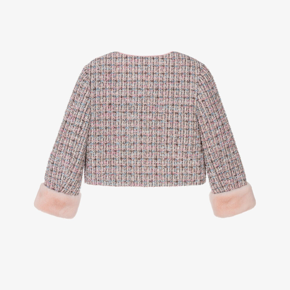 Self-Portrait-Girls Sparkly Pink Tweed Jacket with Faux Fur Cuffs | Childrensalon Outlet