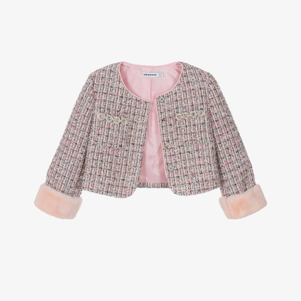 Self-Portrait-Girls Sparkly Pink Tweed Jacket with Faux Fur Cuffs | Childrensalon Outlet