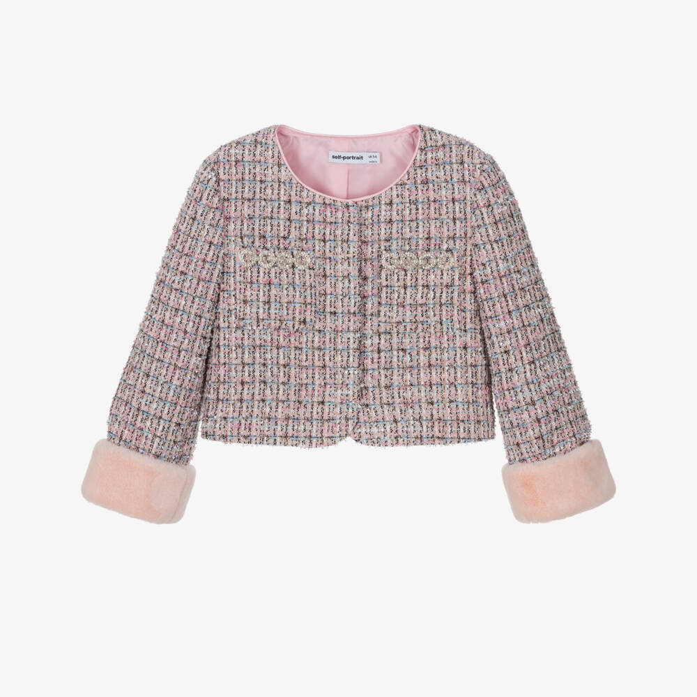 Self-Portrait-Girls Sparkly Pink Tweed Jacket with Faux Fur Cuffs | Childrensalon Outlet