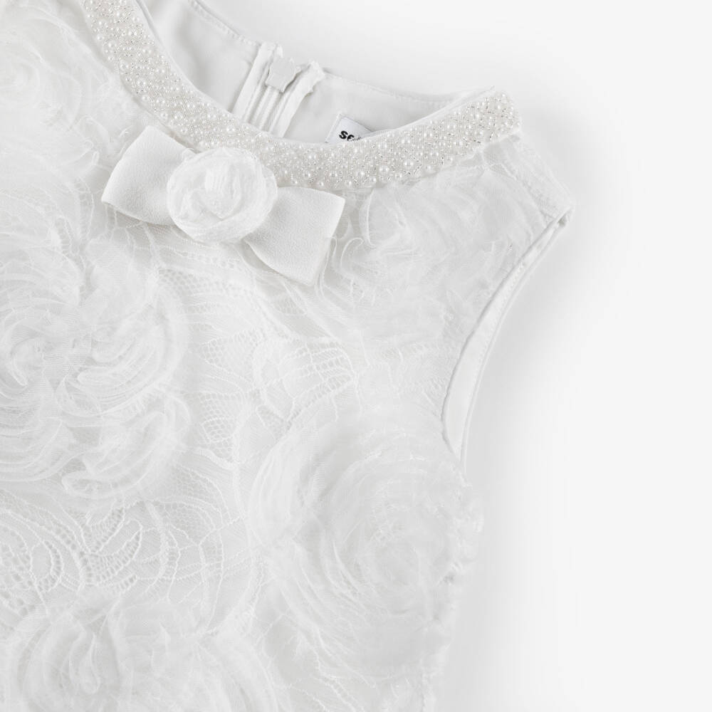 Self-Portrait-Girls White Flower Lace Dress with Pearl Neckline | Childrensalon Outlet