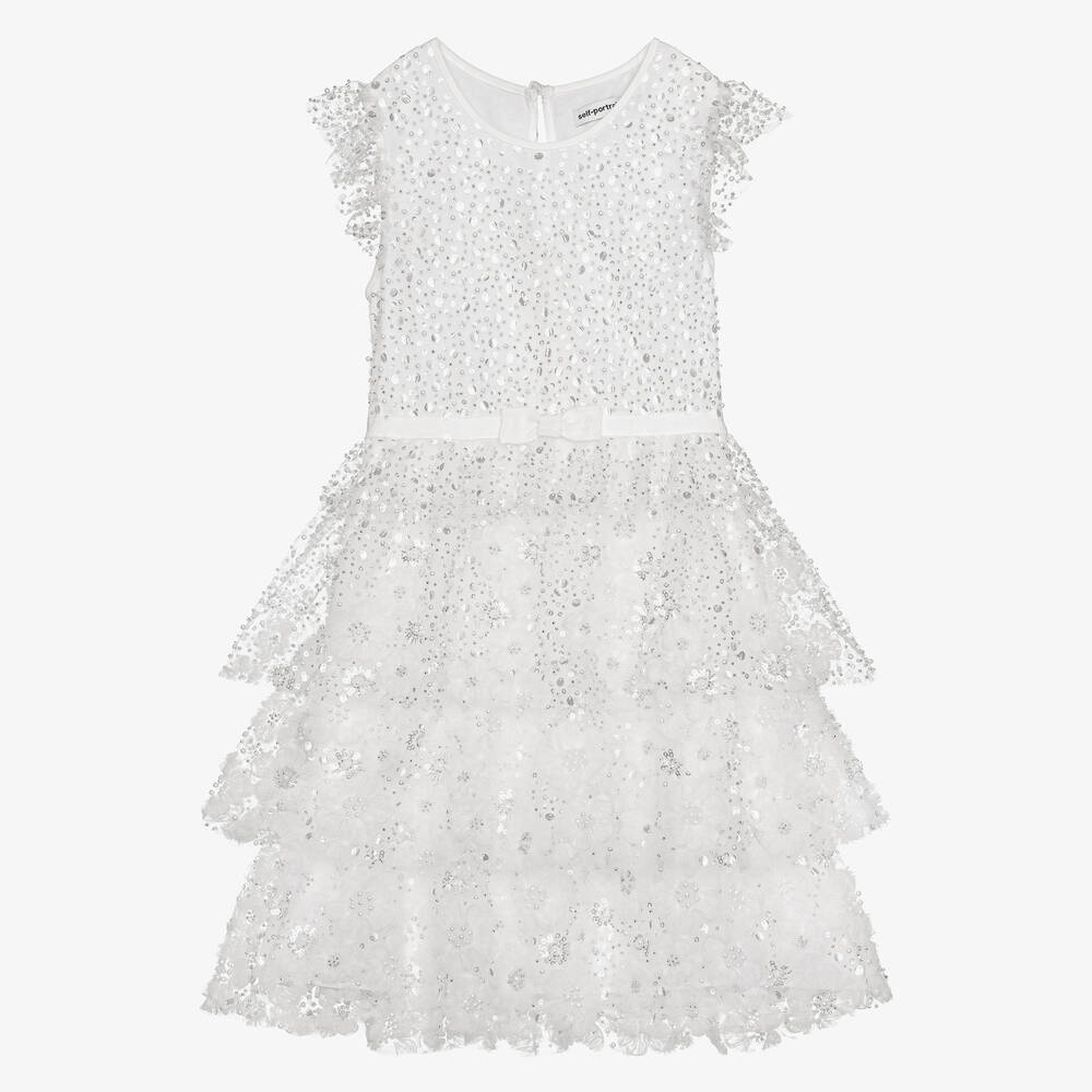 Self-Portrait - Girls White Sequin Tiered Dress | Childrensalon