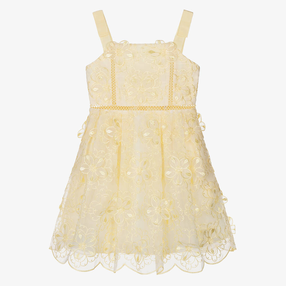 Self-Portrait - Girls Yellow 3D Organza Strappy Dress | Childrensalon