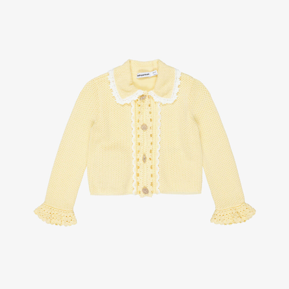 Self-Portrait-Girls Yellow Pointelle Knitted Cardigan with Seashell Buttons | Childrensalon Outlet
