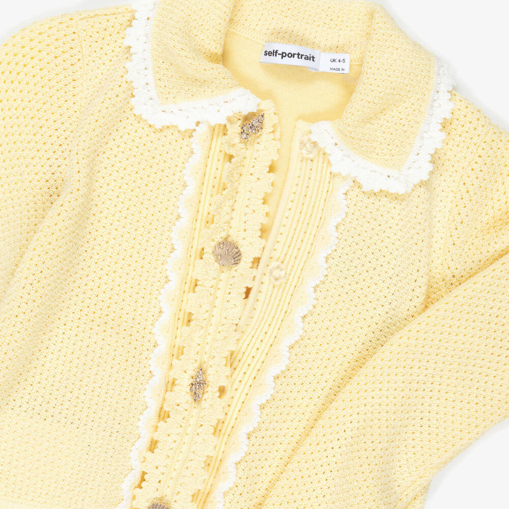 Self-Portrait-Girls Yellow Pointelle Knitted Cardigan with Seashell Buttons | Childrensalon Outlet