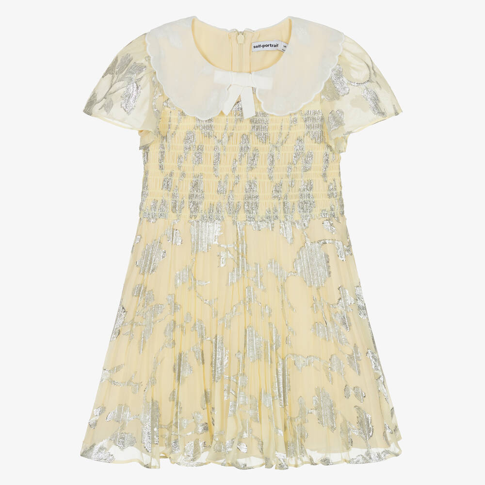 Self-Portrait - Girls Yellow & Silver Floral Jacquard Dress | Childrensalon