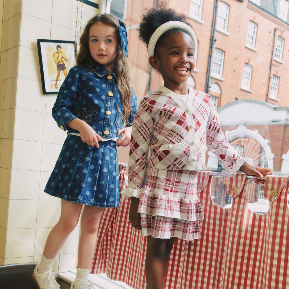 Self-Portrait-White & Burgundy Red Check Knitted Cardigan | Childrensalon Outlet