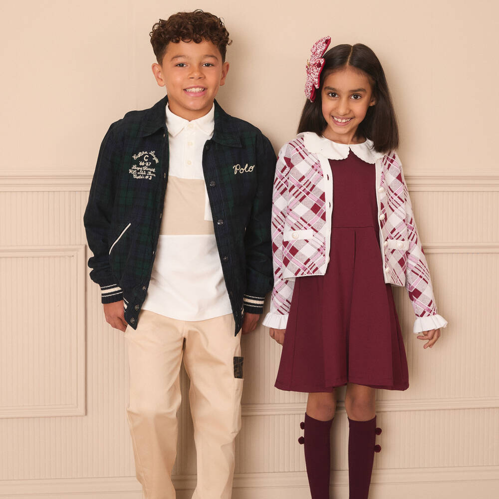 Self-Portrait-White & Burgundy Red Check Knitted Cardigan | Childrensalon Outlet