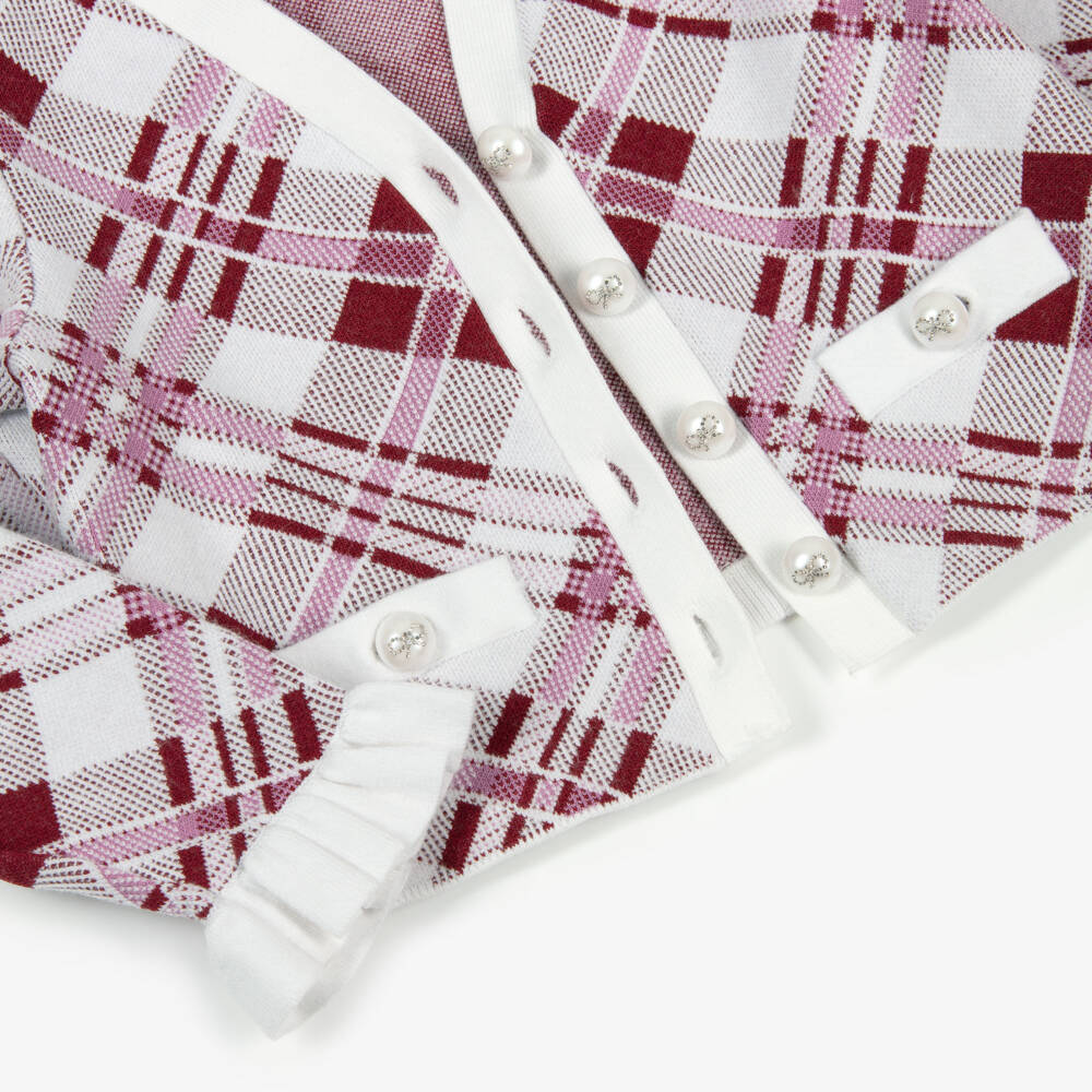 Self-Portrait-White & Burgundy Red Check Knitted Cardigan | Childrensalon Outlet