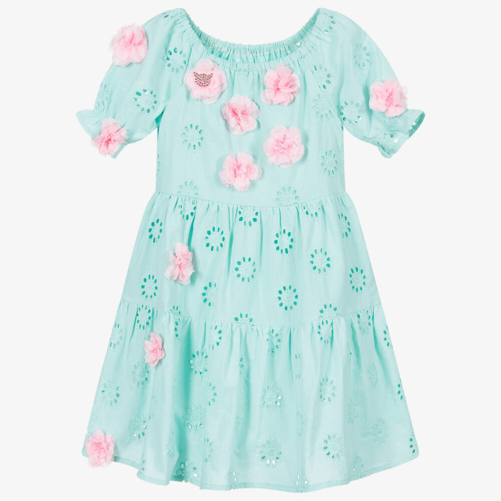 Selini Action-فستان قطن لون أخضر أكوا وزهري | Childrensalon Outlet